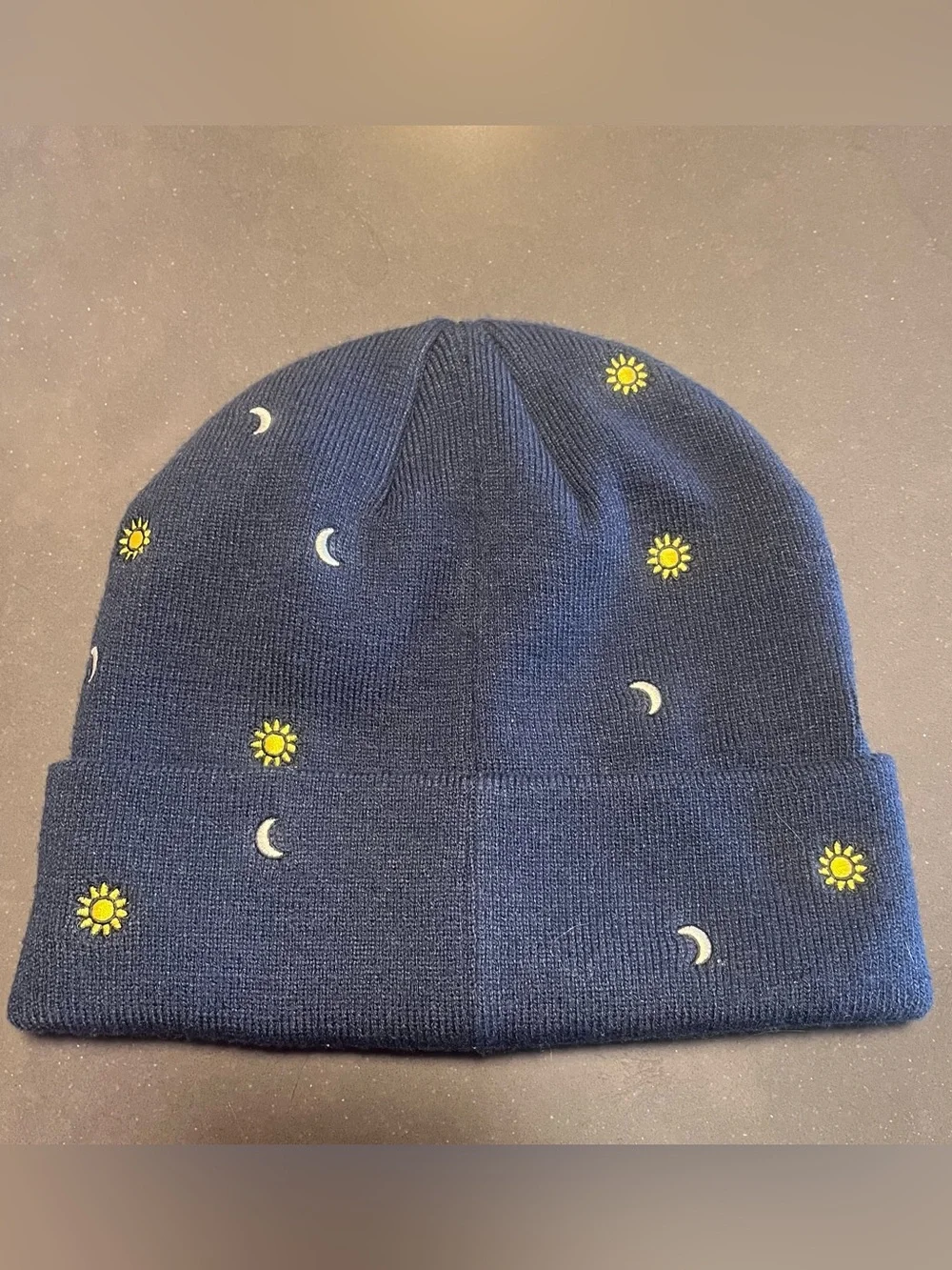 prAna Wild Now Beanie Unisex Celestial Sun & Moon Embroidery Blue Hat Fairy